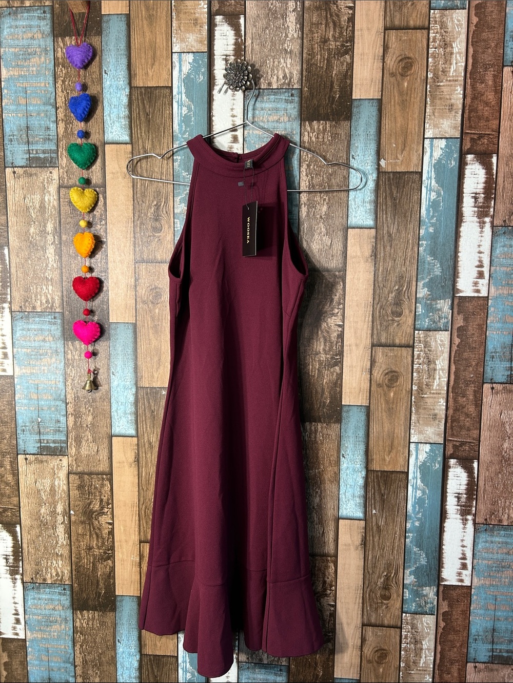Crewneck Midi Dress with Flounce Hem in Wine